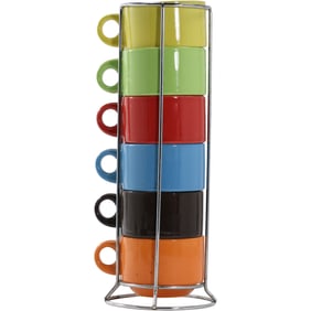 Pier One Coffee Mug Tree 6 Stacked Mugs in Rainbow Colors