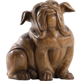 Hand Carved Wood Bulldog Puppy Sculpture from Bali, 10 in. height x 8.5 in. wide