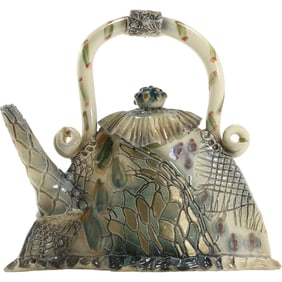 Signed Gail Markiewicz Ceramic Art Large Teapot Whimsical Abstract 11 in. height x 11.5 in. wide