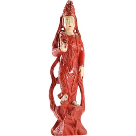 Vintage Chinese Red Polychrome Wood Quan Yin Sculpture 21 inches height x 5 in. wide