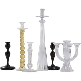 6 Assorted Wood and Crystal Glass Candlesticks, Candleabra including signed Val St. Lambert