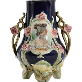 Antique French Barbotine Majolica Art Nouveau Vase with Woman Portrait Panel 9 in. height x 7 in.