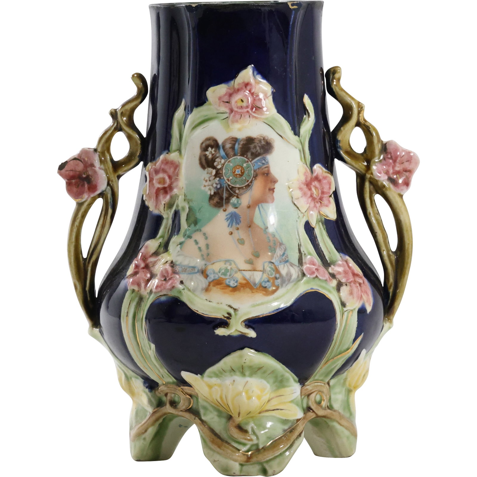Antique French Barbotine Majolica Art Nouveau Vase with Woman Portrait Panel 9 in. height x 7 in.: Antique French Barbotine Majolica Art Nouveau Vase with Woman Portrait Panel 9 in. height x 7 in. size:9 h 7 w