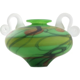 Signed Nemeth Hand Blown Frosted Green Art Glass Handled Vase 7.5 in. height x 11 in. wide