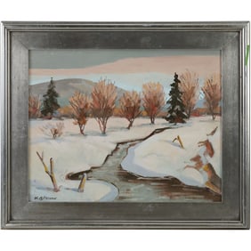Herbert A. Steinke (1894 - 1982 American]; Oil on Board Painting "Along the Stream - Salmon Skies"