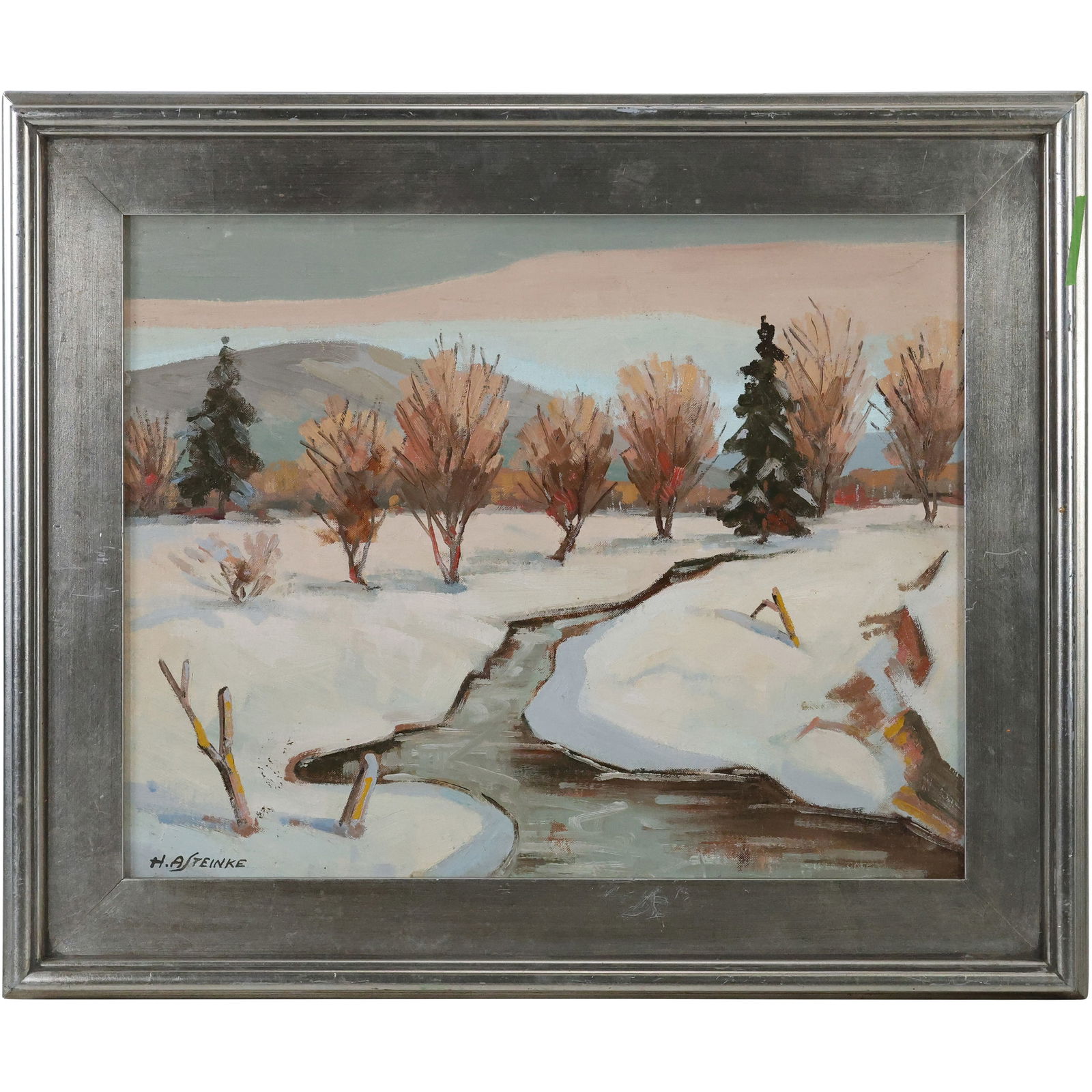 Herbert A. Steinke (1894 - 1982 American]; Oil on Board Painting "Along the Stream - Salmon Skies" (1 of 15)