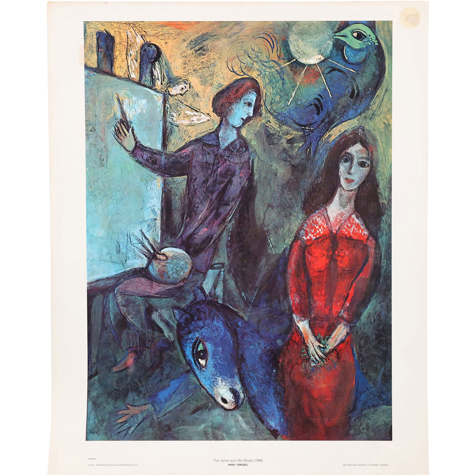 Marc Chagall, Color Lithograph, "The Artist and His Model", Sherwood Publishers 28.5 in. x 22.5 in.: Marc Chagall, Color Lithograph, "The Artist and His Model", Sherwood Publishers 28.5 in. x 22.5 in. size: 28.5 x 22.5
