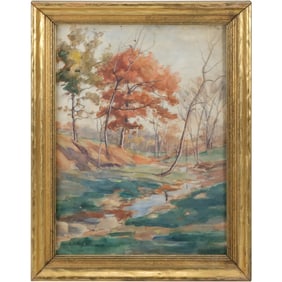 Ellen Angeline Holmes (1852 - 1933 American], Watercolor Painting Stream in Landscape
