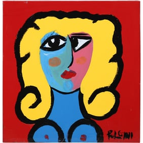 Thomas Pulgini, American, Pop-Art Abstract Oil on Canvas Painting Blue Woman with Yellow Hair