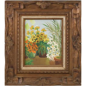 Vintage Oil on Board Painting, Botanical Still Life Flowers in Pots, Fancy Wood Frame, Signed