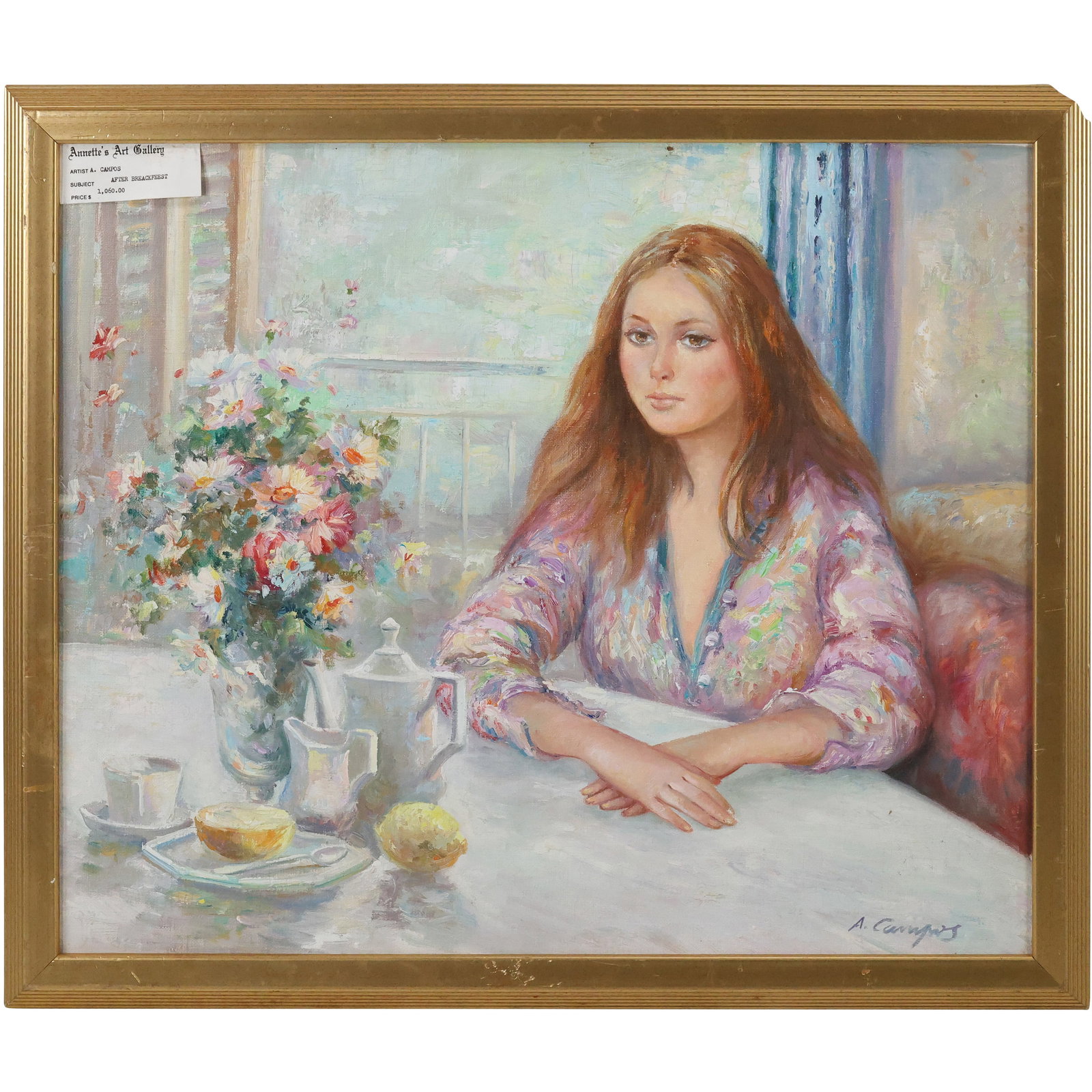 A CAMPOS, Signed Oil on Canvas Painting titled "After Breakfast" Young Woman at Table: A CAMPOS, Signed Oil on Canvas Painting titled "After Breakfast" Young Woman at Table. size: 20 x 24 , outside of frame: 23 x 26