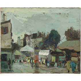 Jean Fabert Limbert, 20th C. France, Oil on Canvas Painting, Outdoor Marketplace, for restoration