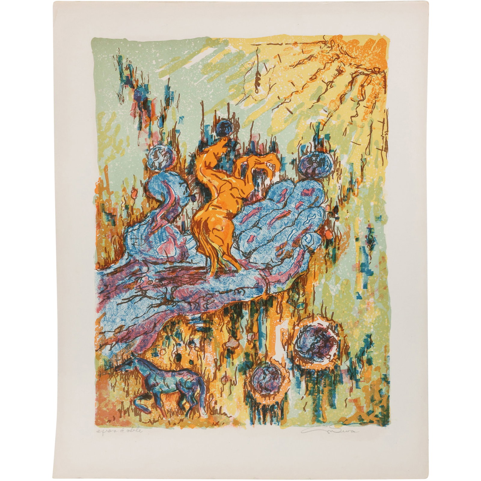 Colorful Vintage Surrealism Lithograph Signed Illegible Pencil Signed, Horses Escaping Fire (1 of 12)