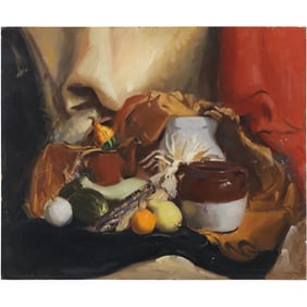 Fine Quality Vintage Oil on Board Painting Still Life with Fruit, Corn, Stoneware Crock