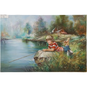 Signed J March, 20th C. Oil on Canvas Painting "Boy Fishing", with Label