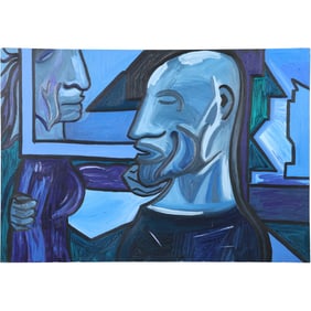 Style of Pablo Picasso, 20th C. Oil on Canvas Painting, Portraits in Blue, 24 in. x 36 in.