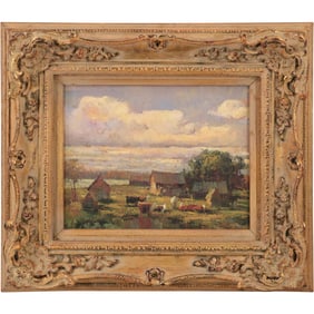Oil Painting Farm Landscape with Cows, Framed - Nice Quality