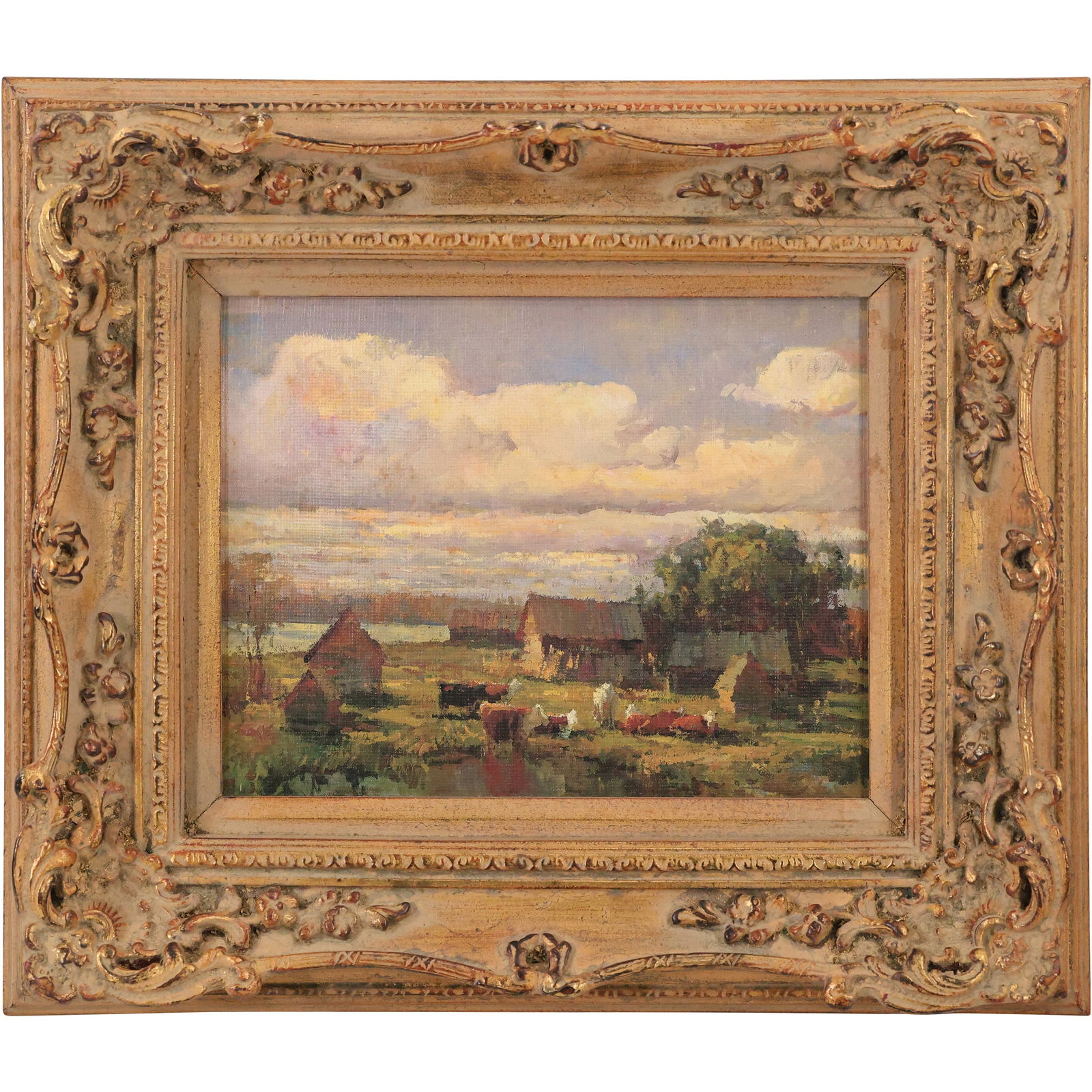 Oil Painting Farm Landscape with Cows, Framed - Nice Quality (1 of 14)