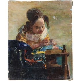 after Johannes Vermeer, Dutch Painter,  "The Lacemaker" 20th C. Oil on Canvas Painting