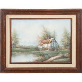 Signed Marten, English Cottage House in the Meadows, 20th C. Oil on Canvas Painting