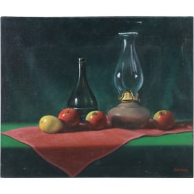 E. Harrison, Fine Vintage Oil on Canvas Painting Still Life with Apples, Wine Bottle, Oil Lamp