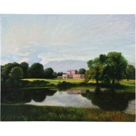 20th C. Oil on Canvas Painting Mansion Fortress in Landscape with Lake 24 in. x 30 in.