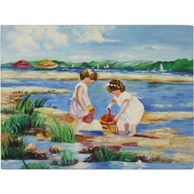 SALLY SWATLAND [b. 1946 American], 20th C. Oil on Canvas Painting Children at Beach, unsigned