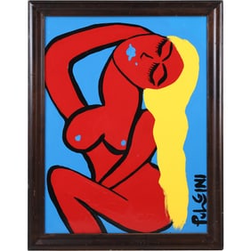 Thomas Pulgini, American, Pop-Art Abstract Oil on Board Painting Woman with Yellow Hair, Signed
