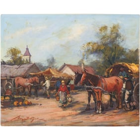 Signed Illegible Vintage Oil on Canvas Painting Working Farmers with Horse Drawn Wagons