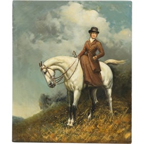 after John Charlton, [1849–1917 British] 20th C. Oil on Canvas Painting Woman Riding Sidesaddle