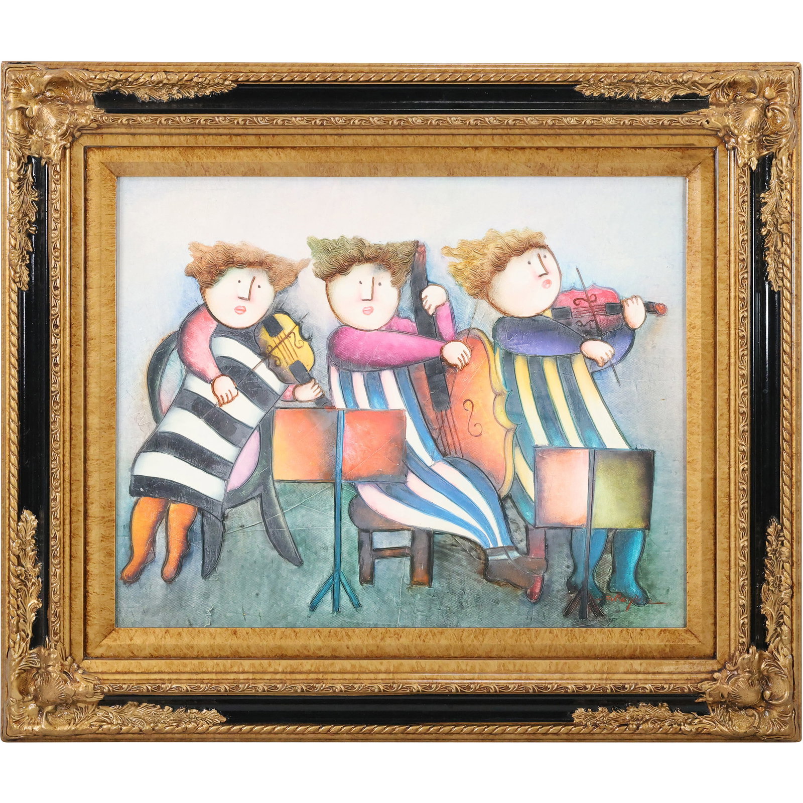 Joyce Roybal, b. 1955, Whimsical Children Musicians Band Ensemble Oil on Canvas, Signed, Framed (1 of 18)
