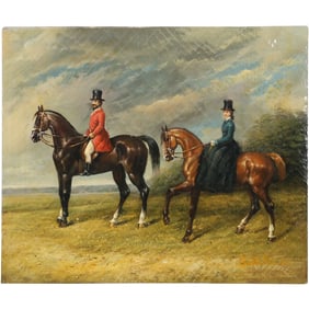 Equestrian Oil on Canvas Painting Huntsman and his Wife on Horseback Signed Aerolito Richard