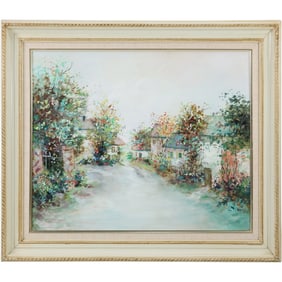 Signed Nagy, 20th C. Oil on Canvas Painting Summer Cottages at the Cove, Framed