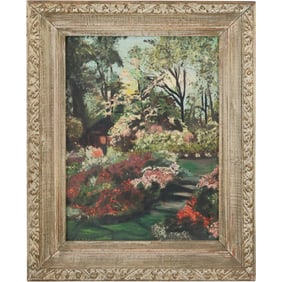 Signed Illegible Vintage Oil on Board Painting Gardens Path to Cottage, Framed