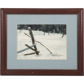 Mae S Fisher, Watercolor Painting, Winter Landscape with Barb Wire Fence