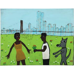 Signed Samo, Basquiat Last Brooklyn King, Mixed Media on Canvas Figures, Dog, NYC Park
