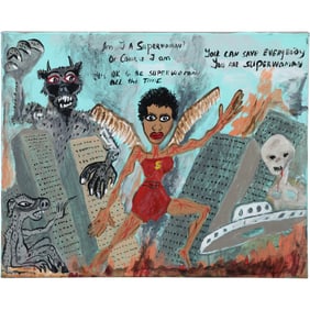 Signed Samo, Basquiat, Mixed Media on Canvas Figures, Superwoman in New York City