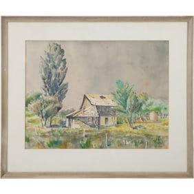 WEF Risen, Vintage Watercolor Painting, Country Farmhouse in Landscape, Signed