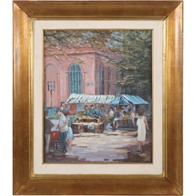 R Molindri, Oil on Board Painting, Outdoor Marketplace, Framed.