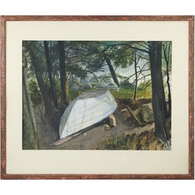 James Franklin Shores (Born 1942 American], Watercolor Painting Boat Stored on Shore Bank