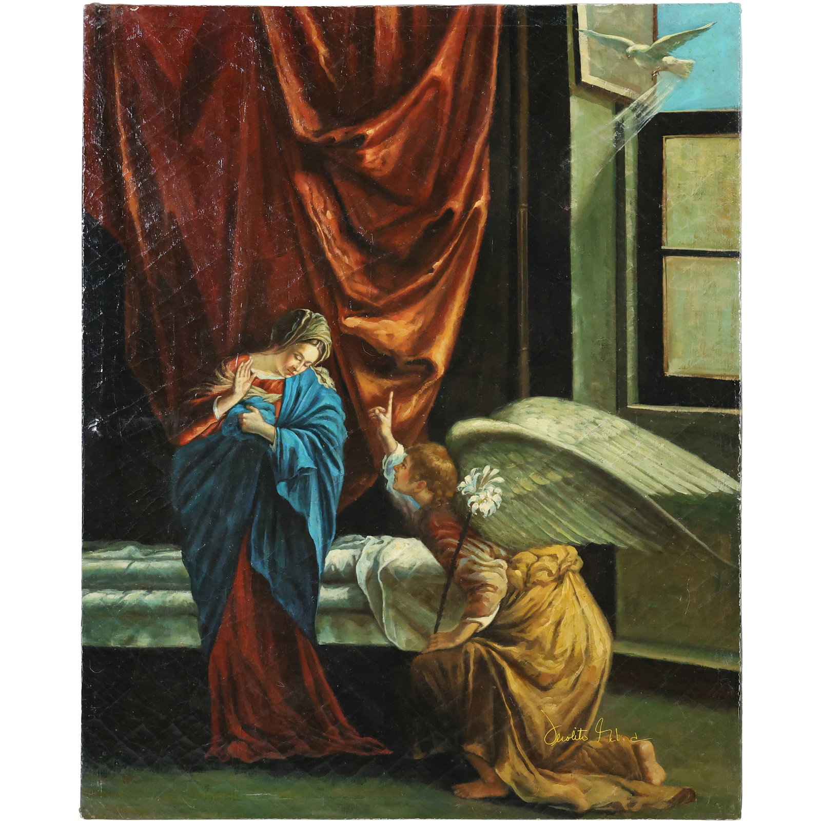 after Orazio Gentileschi, "Annunciation", 20th C. Oil on Canvas Painting Signed Aerolito Richard (1 of 16)