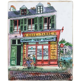 Signed Barthe, 20th C. Oil on Canvas Painting "Cafe Tabac" French Street Scene