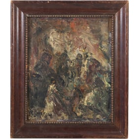Signed C Camelo 1963, Oil on Board Painting Impressionism Battle Scene with Warriors