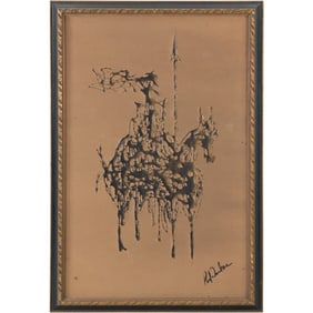 Artist Signed Illegible, Liquid Mixed Media Art of Don Quioxte, Framed