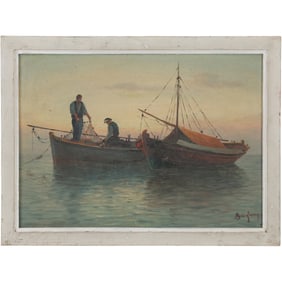 Signed Illegible, Vintage Oil on Board Painting Fishermen with Nets on Fishing Boats
