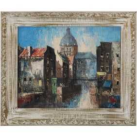 Vintage Oil Painting Canvas by American Artist John Frederick Helm, Signed, European City