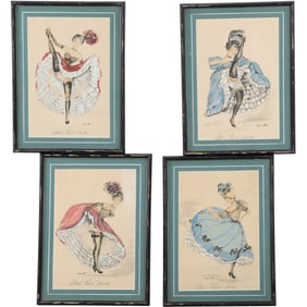 Set of 4 Janicotte, French Artist, Paintings of A French Can Can Dancers, Framed