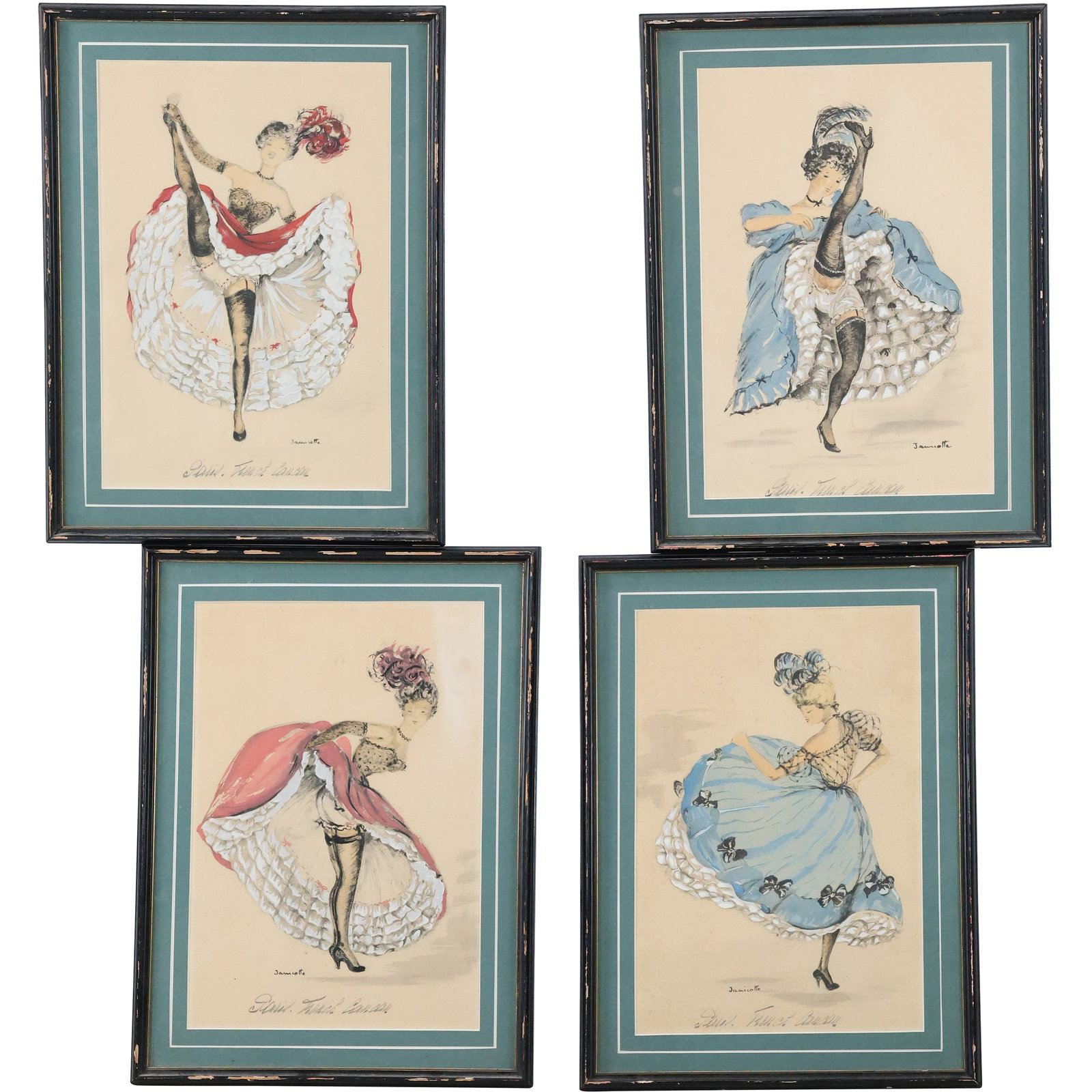Set of 4 Janicotte, French Artist, Paintings of A French Can Can Dancers, Framed: Set of 4 Janicotte, French Artist, Paintings of A French Can Can Dancers, Framed. size: 15.5 x 11.5 outside of frames: