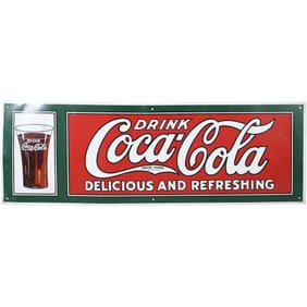 Tin Advertising Sign: Drink Coca-Cola, Delicious and Refeshing 12 in. x 36 inches length