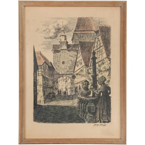 Josef Stangl, Antique Etching "Rothenburg", Signed, Framed